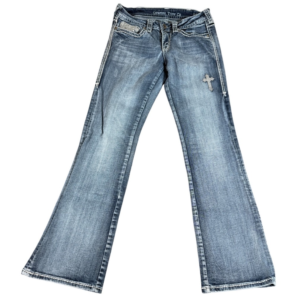 Cowgirl Tuff Co. Bootcut Jeans Womens 27x33 (29x31) Blue Logo Travel Embellished